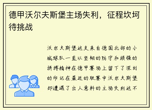 德甲沃尔夫斯堡主场失利，征程坎坷待挑战